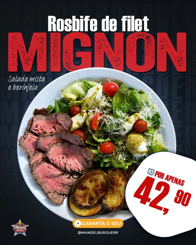 Arte da oferta Rosbife de Filet Mignon com salada mista e berinjela por R$ 42,90